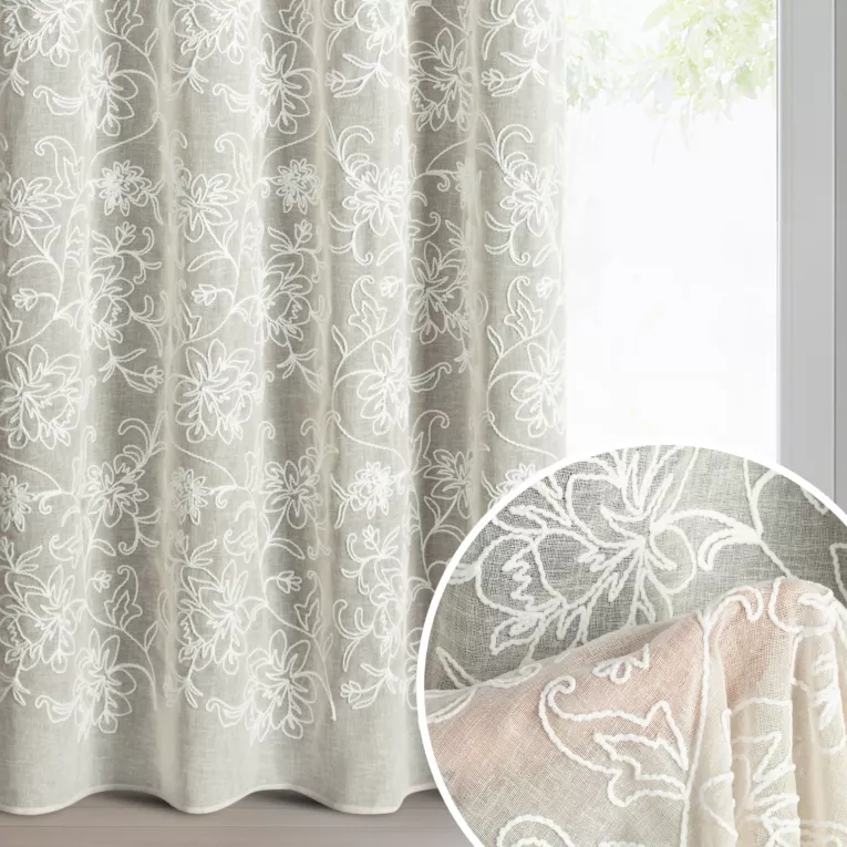 Zasłona beżowa z tkaniny o naturalnym wyglądzie zdobiona szenilowym haftem 140x250 cm przelotki - LILY