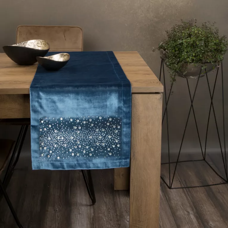 Bieżnik ROYAL 2 z gładkiego welwetu z cyrkoniami niebieski