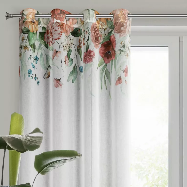 Zasłona biało, ciemnoróżowa ze wzorem letnich kwiatów 140x250 cm przelotka - RISA