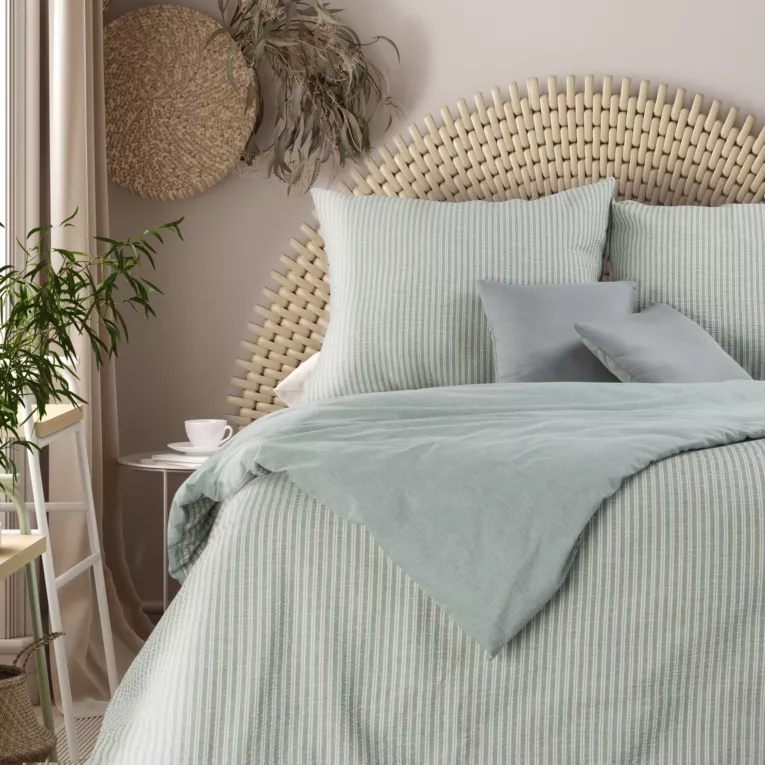 Pościel 220x200 cm bawełniana kreszowana kolor jasnozielony w drobne paseczki MONTENEGRO 9 Terra Collection