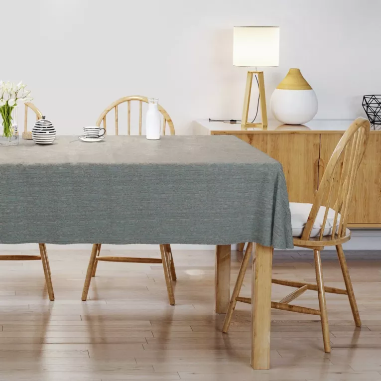 Obrus szyty popielato miętowy z eleganckiej tkaniny w nieregularny drobny wzór