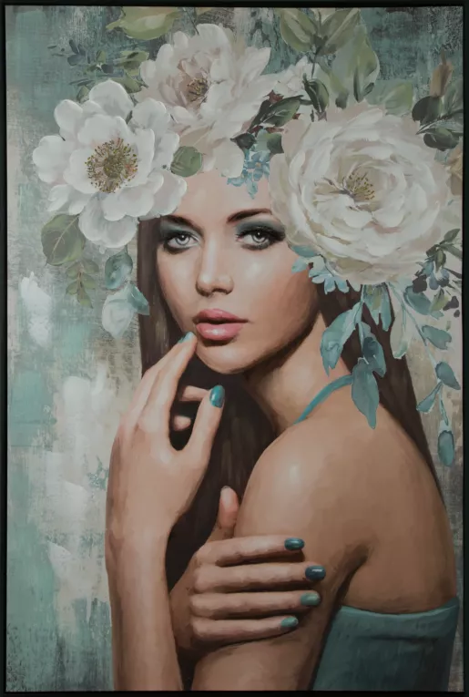 Obraz BLUSH 1 ręcznie malowany na płótnie portret kobiety z kwiatami na głowie w czarnej ramie