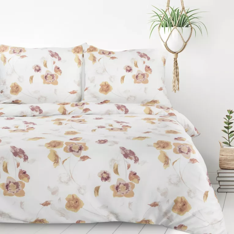 Pościel 140x200 cm z mikrowłókna kolor biały, brązowy motyw kwiatowym IGA Design 91