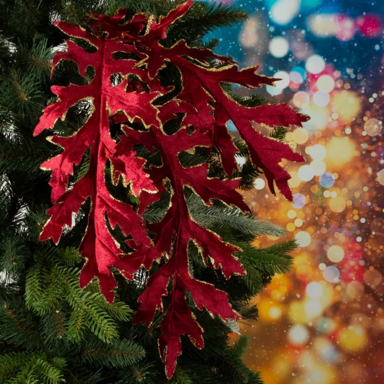 Gałązka świąteczna welwetowa zdobiona na brzegach złotym lśniącym brokatem