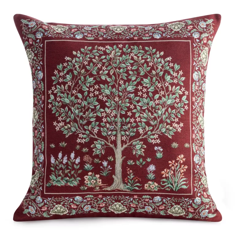 Poszewka na poduszkę 45x45 cm gobelinowa kolor czerwony zdobiona tkanym motywem drzewka szczęścia