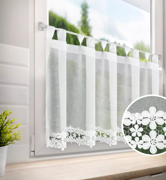 Zazdrostka biała z etaminy zdobiona haftowaną gipiurą 70x150 cm szelki - KAJA