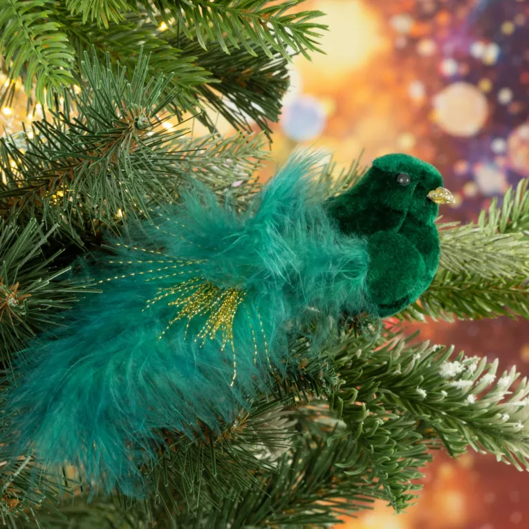 Ozdoba choinkowa PTAK z welwetu i z naturalnymi piórami