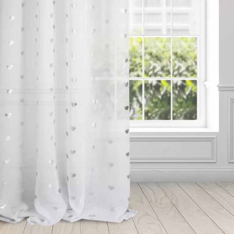 Firana biało, srebrzysta z nadrukowanymi serc 140x250 cm przelotka BENAY