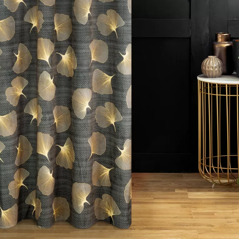 Zasłona grafitowo, miodowa w złociste liście miłorzębu z tkaniny welwetowej OFELIA Design 91