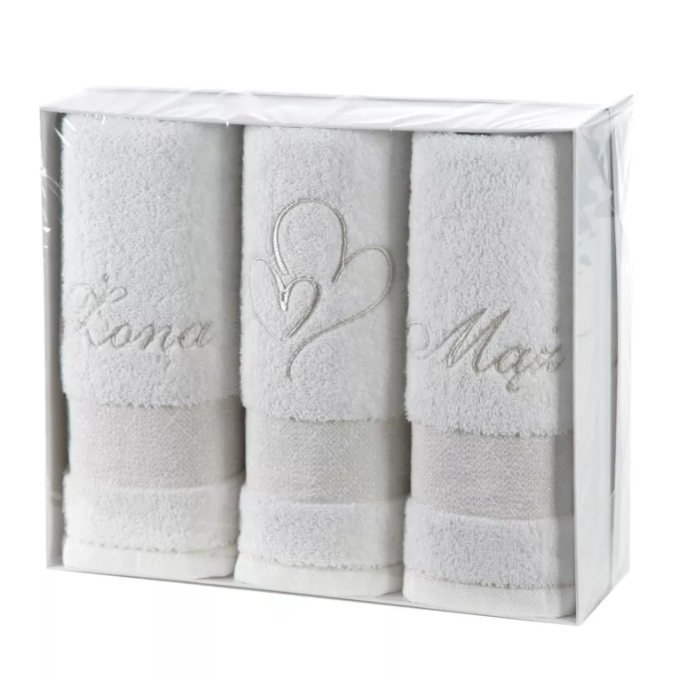 Zestaw ręczników bawełnianych na prezent 3 szt 50x90 cm kolor biały z haftem ŻONA MĄŻ