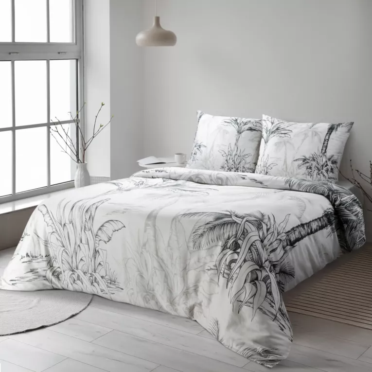 Pościel 140x200 cm komplet 2 częściowy satyna bawełniana kolor biało, beżowy zdobiony motywem roślinnym SPRING 104