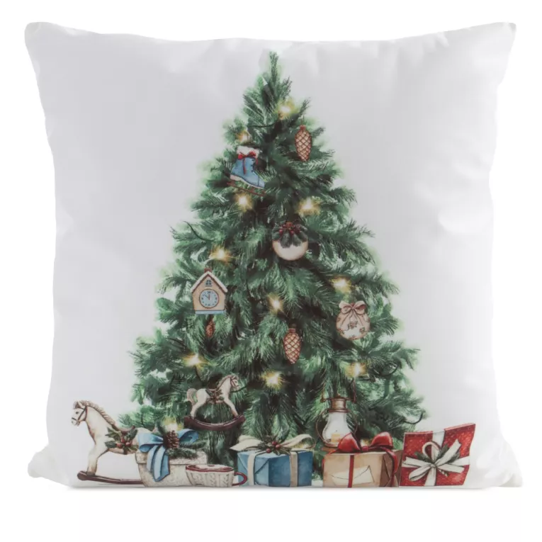 Poszewka na poduszkę 45x45 cm welwetowa biało, zielona zdobiona choinką świąteczną
