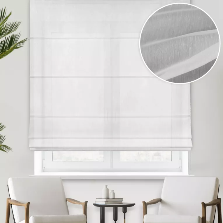 Roleta rzymska biała półprzezroczysta, matowa, o niestandardowej wysokości 360cm, z tkaniny typu batyst, wykończona obciążnikiem