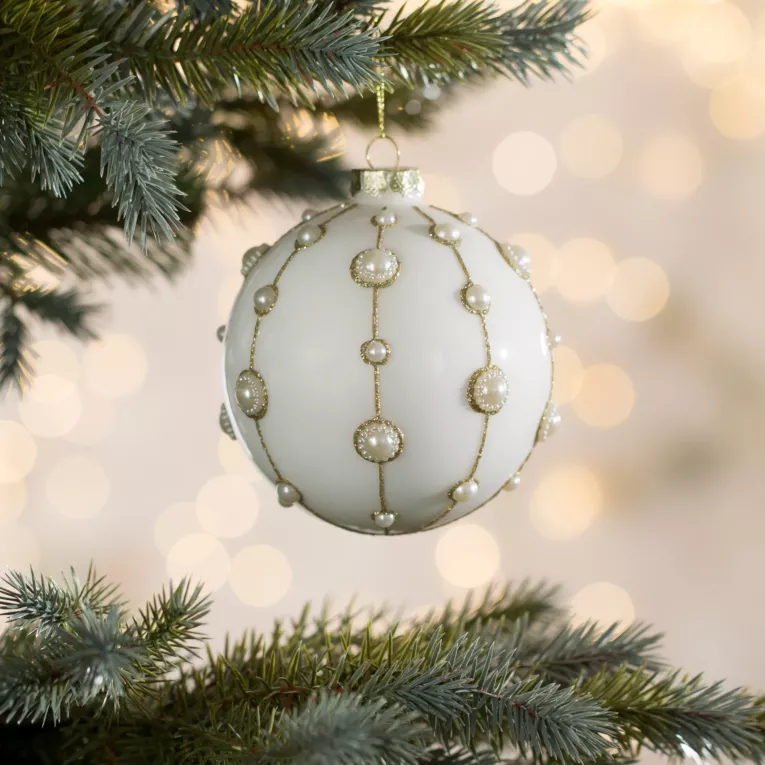 Szklana bombka ręcznie zdobiona z perełkami