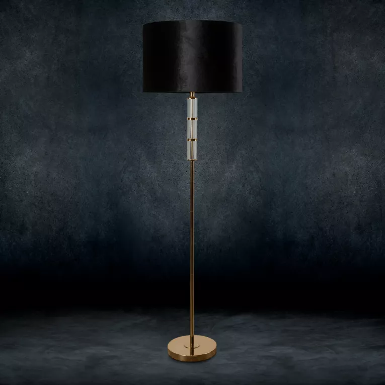 Lampa stojąca do pokoju czarno, złota BENA z podstawą łączącą szkło i metal oraz welwetowym abażurem