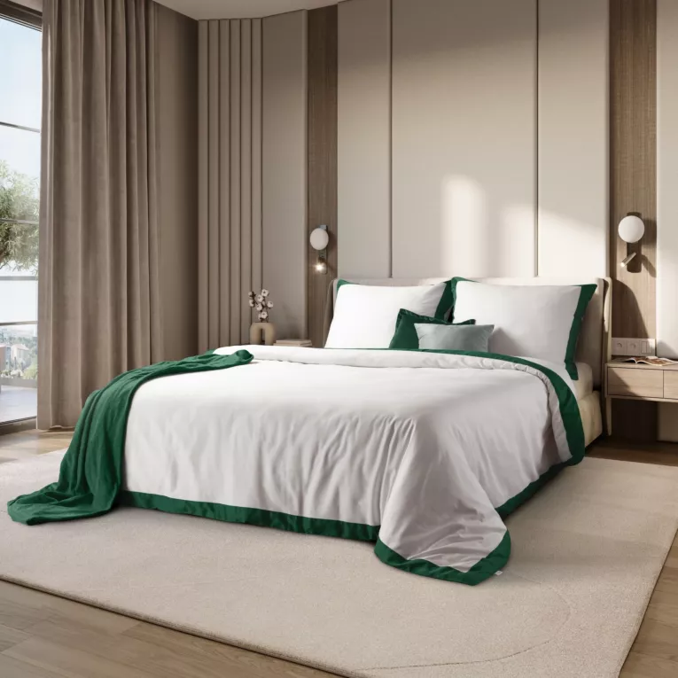 Pościel 160x200 cm bawełniana z makosatyny kolor biały, ciemnozielony z kontrastującą kantą Reina Line kolekcja FIORE