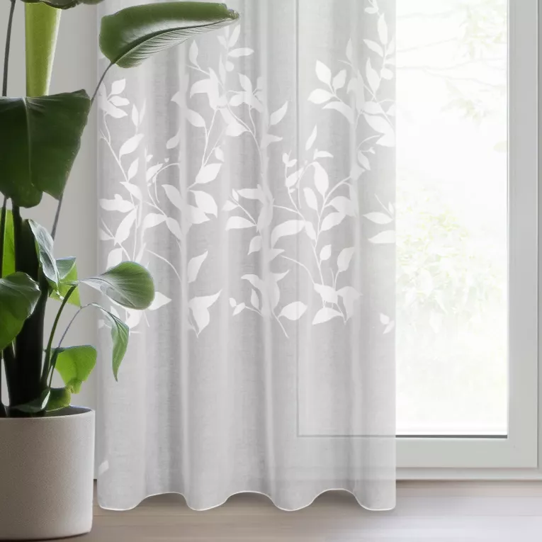 Firana biała z etaminy zdobiona motywem roślinnym 140x250 cm przelotka ESTELLA