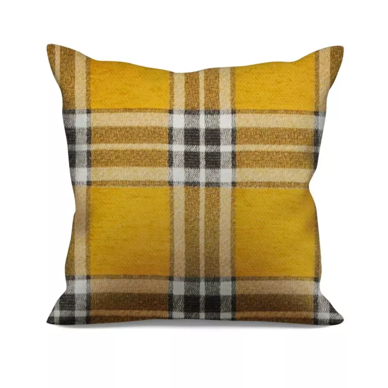 Poszewka szyta musztardowo naturalna z grubej, szenilowej tkaniny w elegancką kratę
