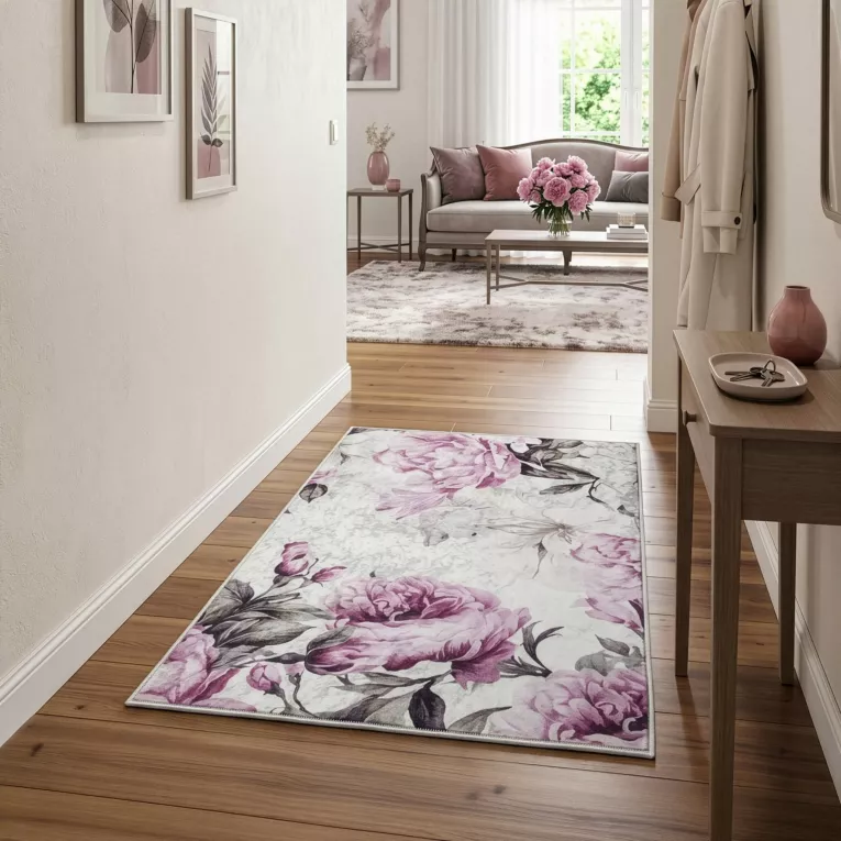 Dywan 160x220 cm różowo, kremowy z motywem kwiatu peonii LOTUS 2