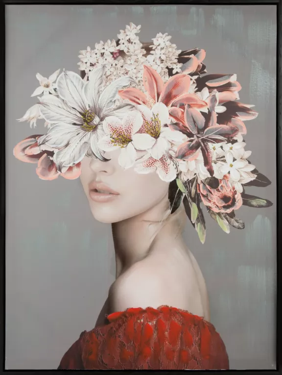 Obraz FLORID ręcznie malowany na płótnie portret kobiety z kwiatami na głowie, w czarnej ramie