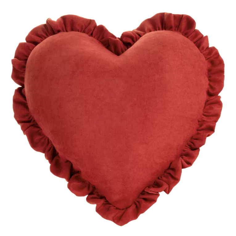 Poduszka w kształcie serca 45 x 45 cm czerwona zdobiona subtelnymi falbanami