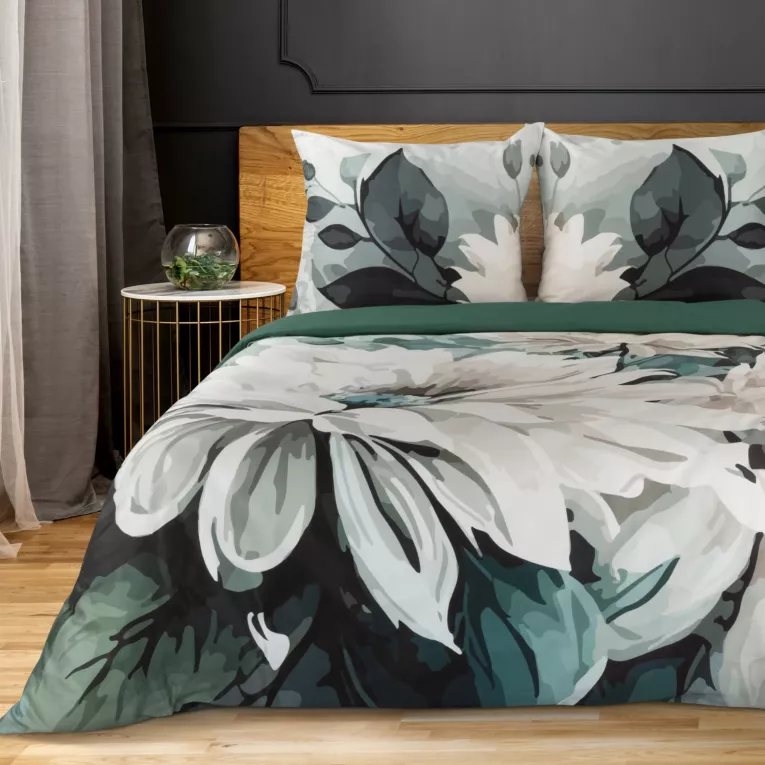 Pościel 220x200 cm bawełniana kolor ciemnozielony, jasnoszary zdobiona nadrukiem kwiatów LINDA Eurofirany Premium