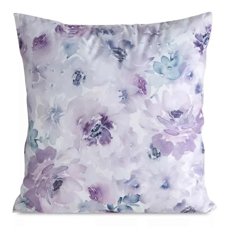 Poszewka na poduszkę 45x45 cm welwetowa biało, fioletowa zdobiona nadrukiem letnich kwiatów MINK