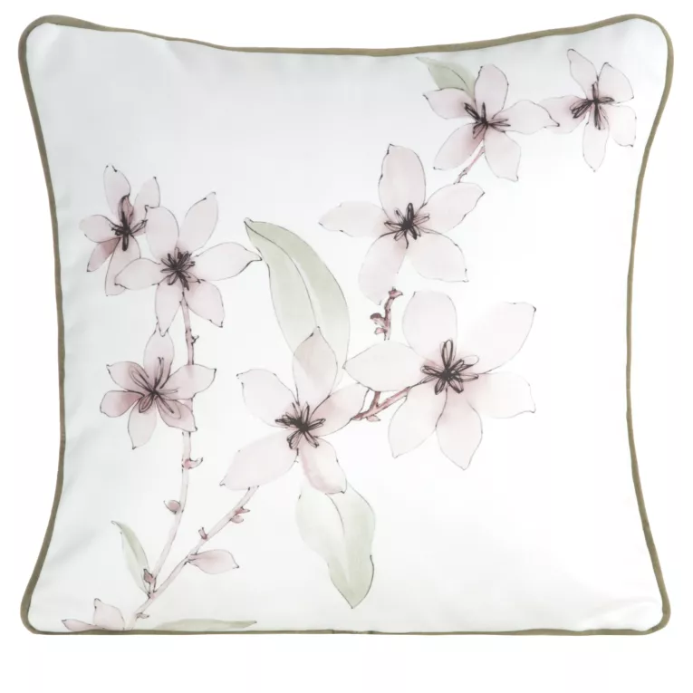 Poszewka na poduszkę dwustronna 45x45 cm welwetowa, biało pudrowa z motywem roślinnym z wypustką na brzegach BIANCA Eurofirany Premium