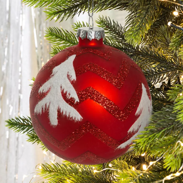 Bombka szklana z choinką i geometrycznym wzorem zdobiona brokatem