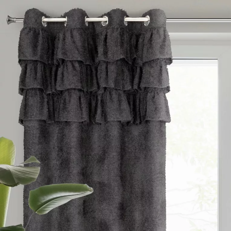 Zasłona czarna zdobiona falbanami z moherowej tkaniny 140x250 cm przelotka - AGIS