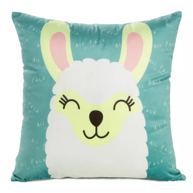 Poszewka na poduszkę 45x45 cm welwetowa, turkusowo biała z motywem lamy KIDS 2 DESIGN 91