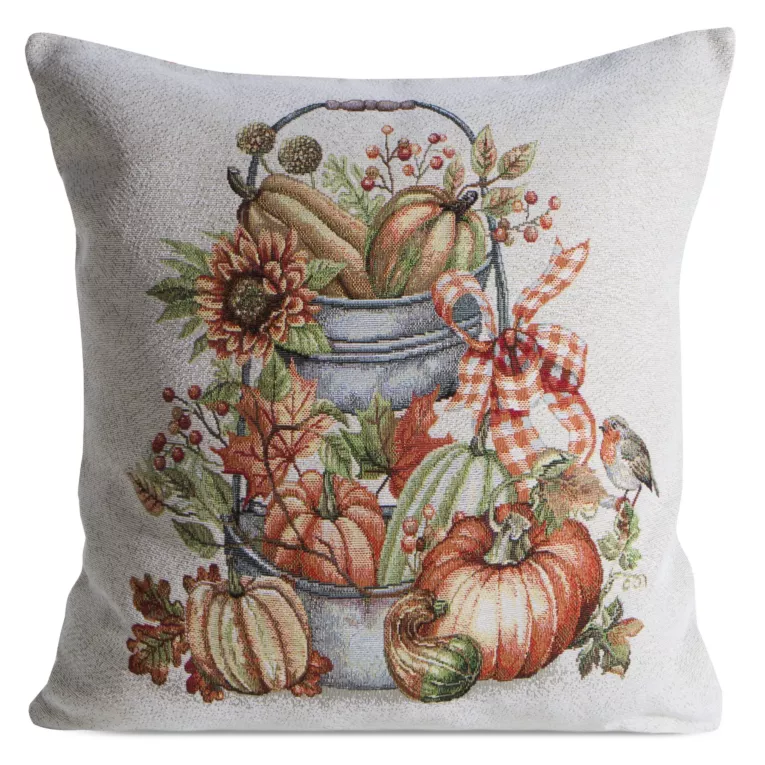 Poszewka na poduszkę 45x45 cm gobelinowa naturalno, pomarańczowa z motywem dyń GOB