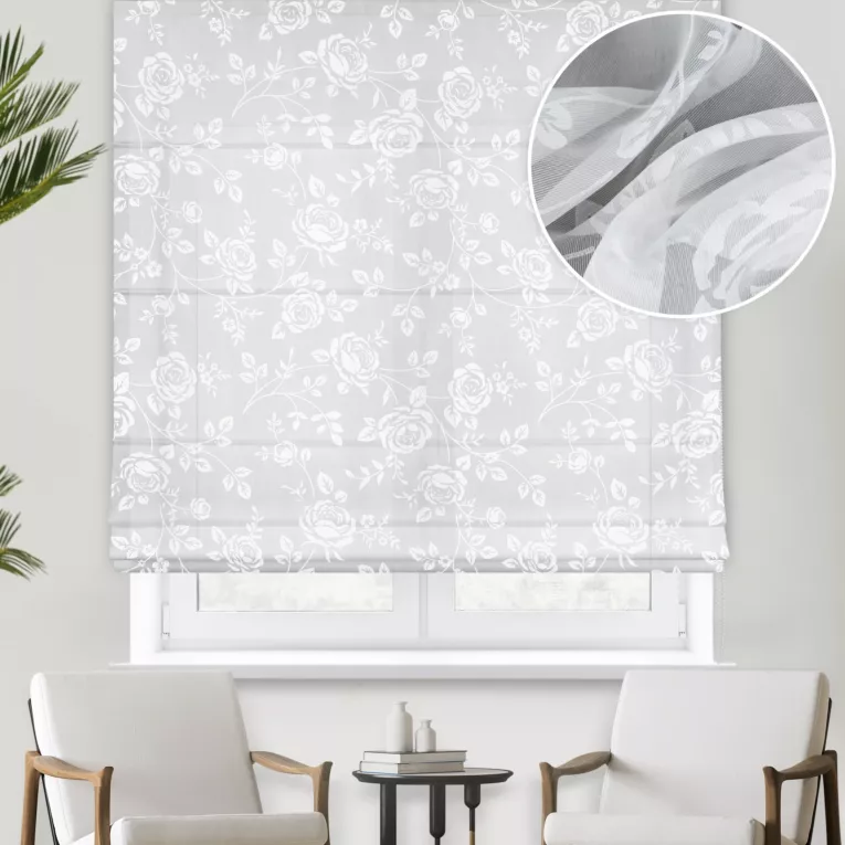 Roleta rzymska biała z tkaniny batystowej z motywem róż