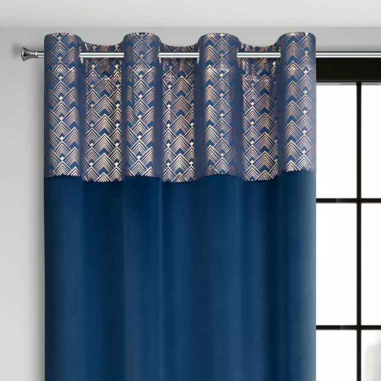 Zasłona granatowa ze złotym wzorem z błyszczącego welwetu 140x250 cm przelotka - ELEN
