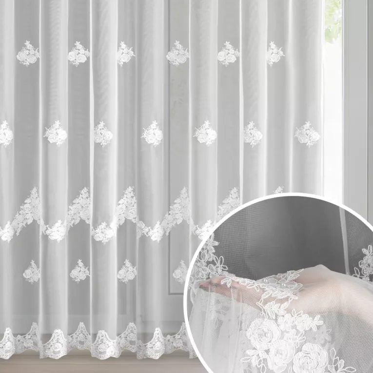 Firana biała zdobiona haftem 350x250 cm przelotki - ISARI