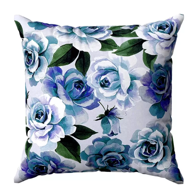 Poszewka szyta ESHTER biało turkusowa z miękkiej tkaniny typu blackout drukowanej w malarski kwiatowy wzór