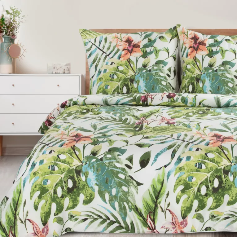 Pościel 220x200 cm bawełniana kolor biały, ciemnozielony z egzotycznym wzorem SONIA 40