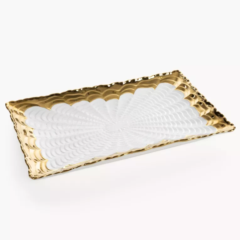 Patera dekoracyjna biało, złota z dekoracyjnym tłoczeniem 32x19x3 cm ESTER