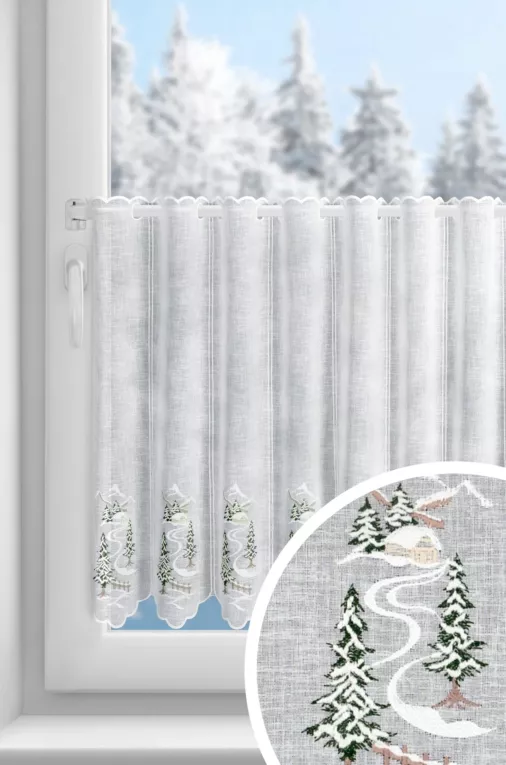 Tkanina firanowa zazdrostka z etaminy zdobiona świątecznym haftem