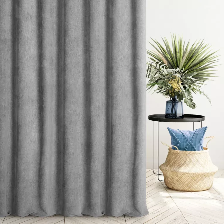 Zasłona szyta na taśmie 5 cm stalowa z miękkiej matowej tkaniny szenilowej o naturalnym splocie