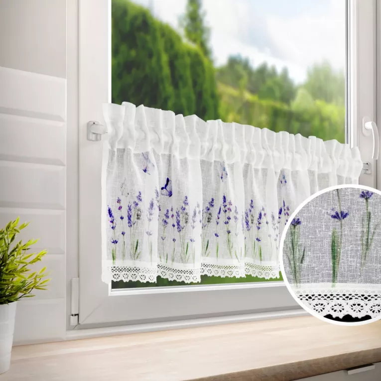 Zazdrostka biało, fioletowa z etaminy z zdobiona nadrukiem lawendy i koronką 150x30 cm tunel ELLA