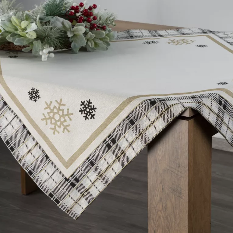 Bieżnik na stół naturalno, czarny 90x90 cm gobelinowy ANGEL z motywem kraty i śnieżynek