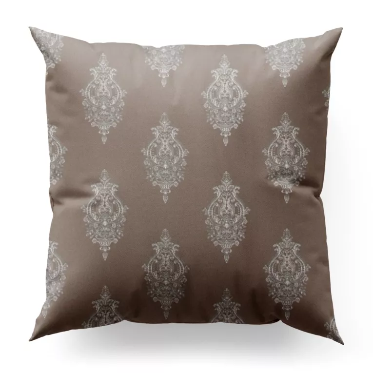 Poszewka szyta ciemnobeżowo srebrna z eleganckiej tkaniny w drobny ornamentowy wzór