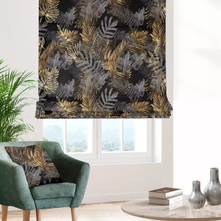 Roleta rzymska czarno grafitowa miękka, welwetowa, z błyszczącym nadrukowanym motywem botanicznym i złotymi elementami