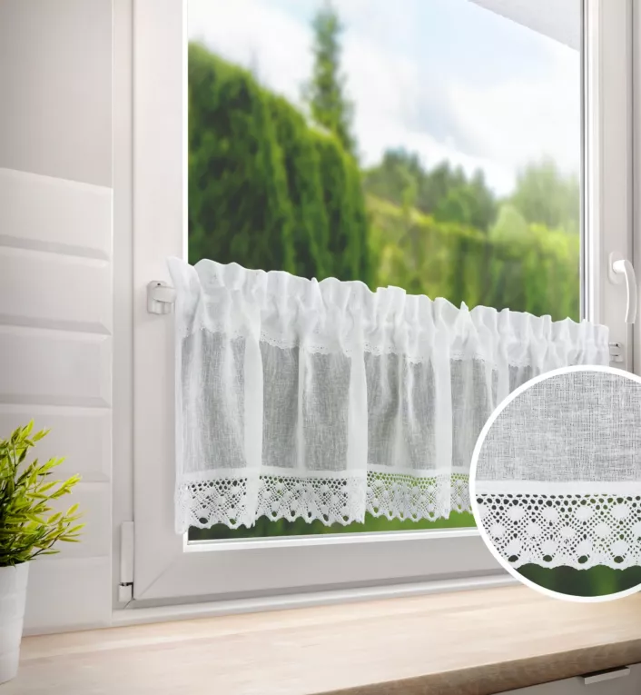 Zazdrostka biała z etaminy zdobione szeroką koronką, styl rustykalny 150x30 cm tunel LISA