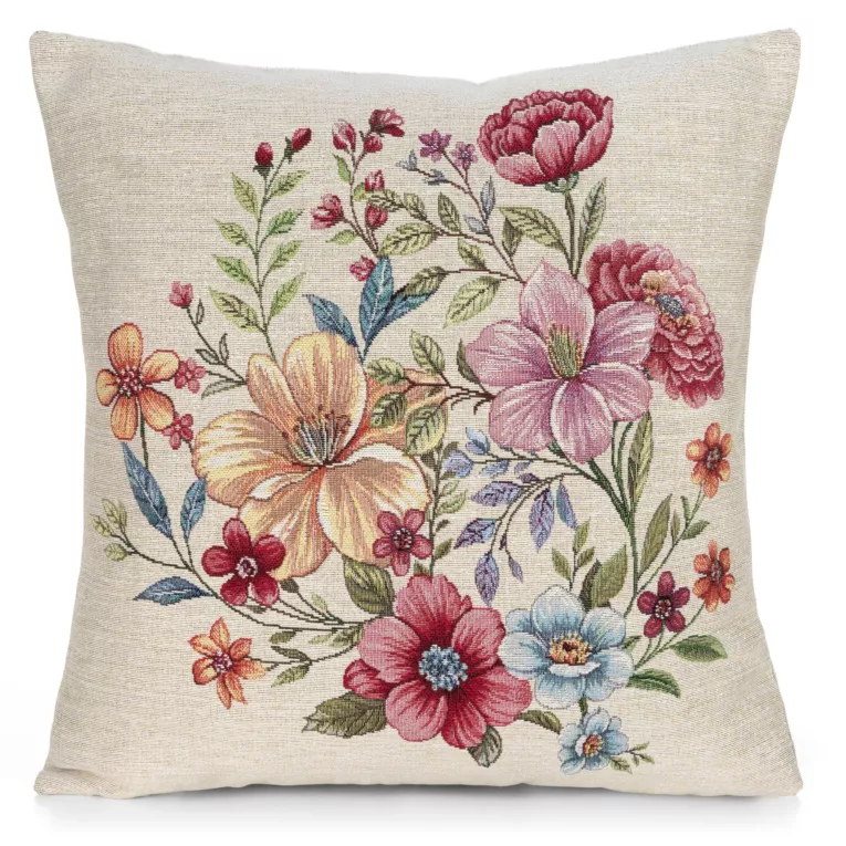 Poszewka na poduszkę 45x45 cm gobelinowa naturalno różowa z tkanym motywem roślinnym