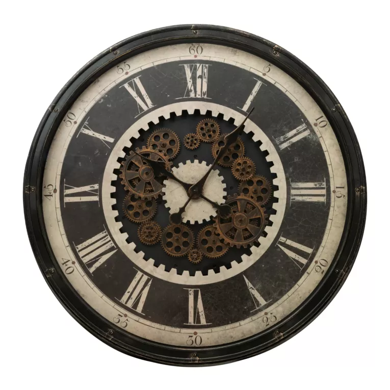 Dekoracyjny zegar ścienny z ruchomymi kołami zębatymi