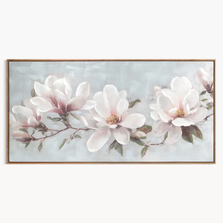 Obraz kremowo, jasnoróżowy ręcznie malowane magnolie 120x60 cm