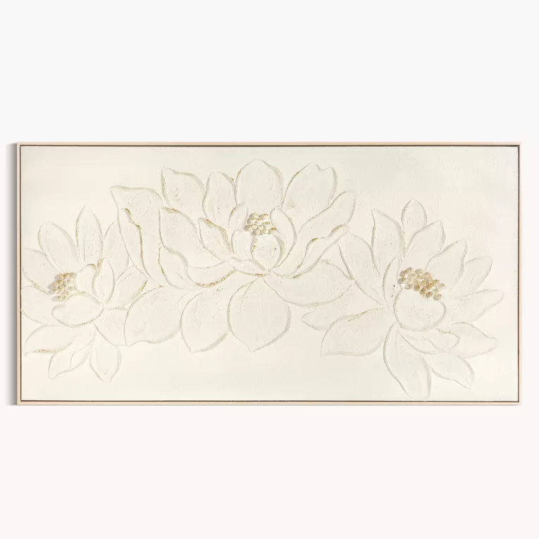 Obraz kremowo, złoty ręcznie malowany na płótnie z motywem strukturalnych kwiatów oprawiony w ramę 62x122 cm