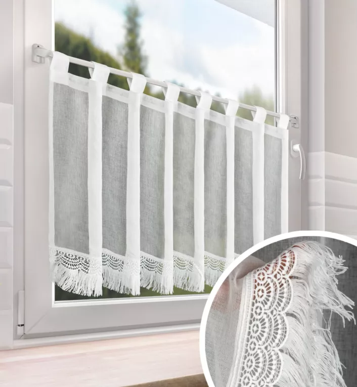 Zazdrostka biała z etaminy zdobiona gipiurą z frędzelkami 60x150 cm szelki ROXANA